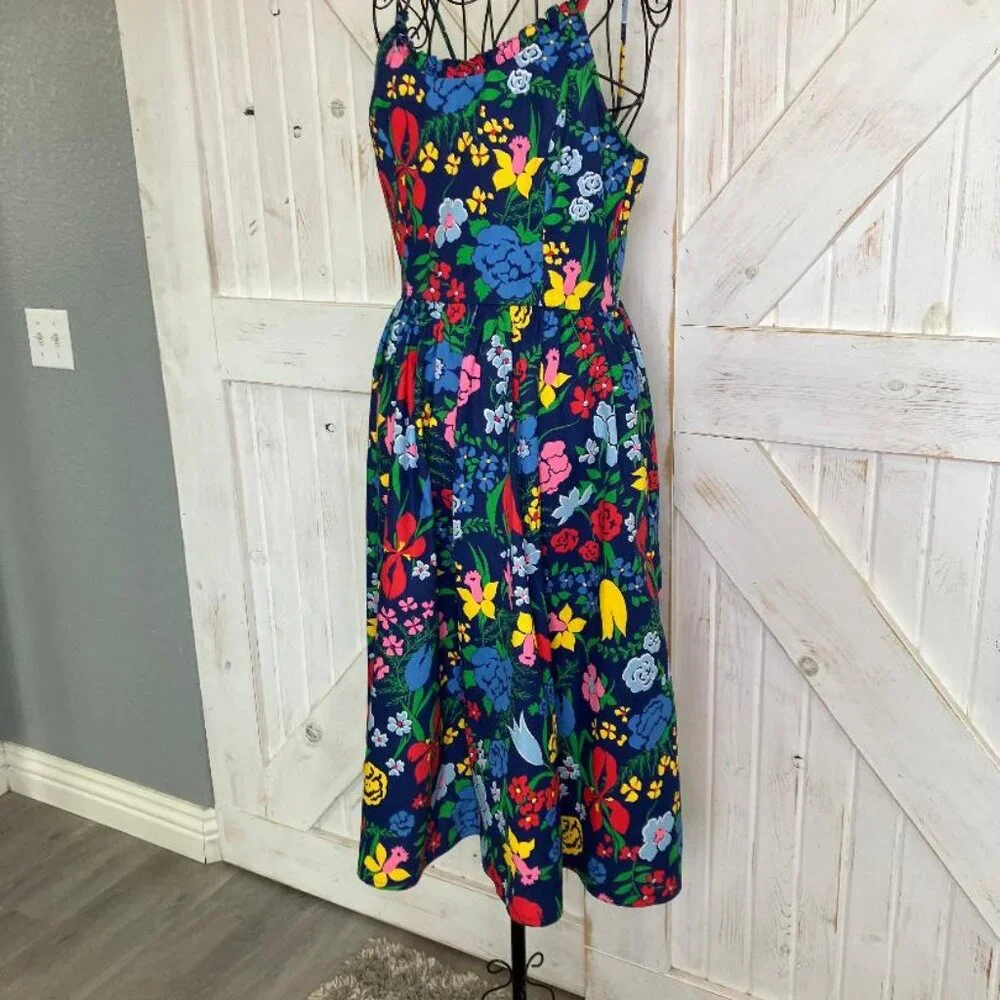 70's Vintage EJE Cotton Rainbow Blue Floral Hawaiian Sundress Day Midi Dress - Picture 7 of 10